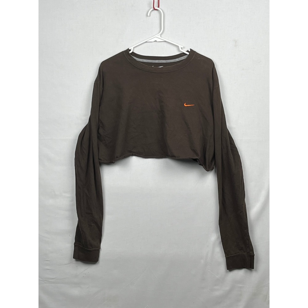 Nike Crop Top Long Sleeve Shirt Womens XL Brown Orange Swoosh Raw Hem Tee